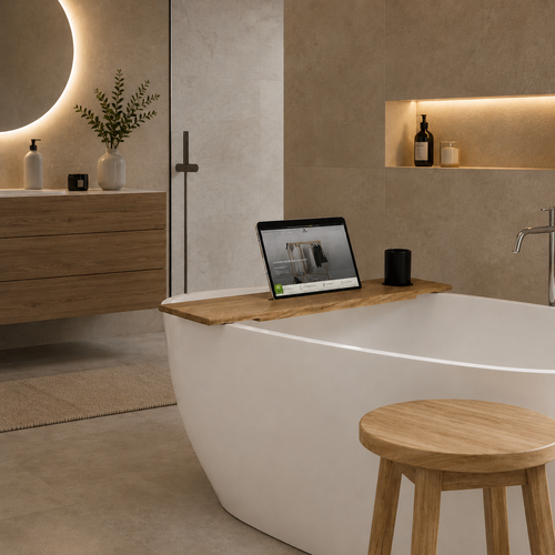 Badewannenablage aus Eiche mit Aussparung Tablet/Glas